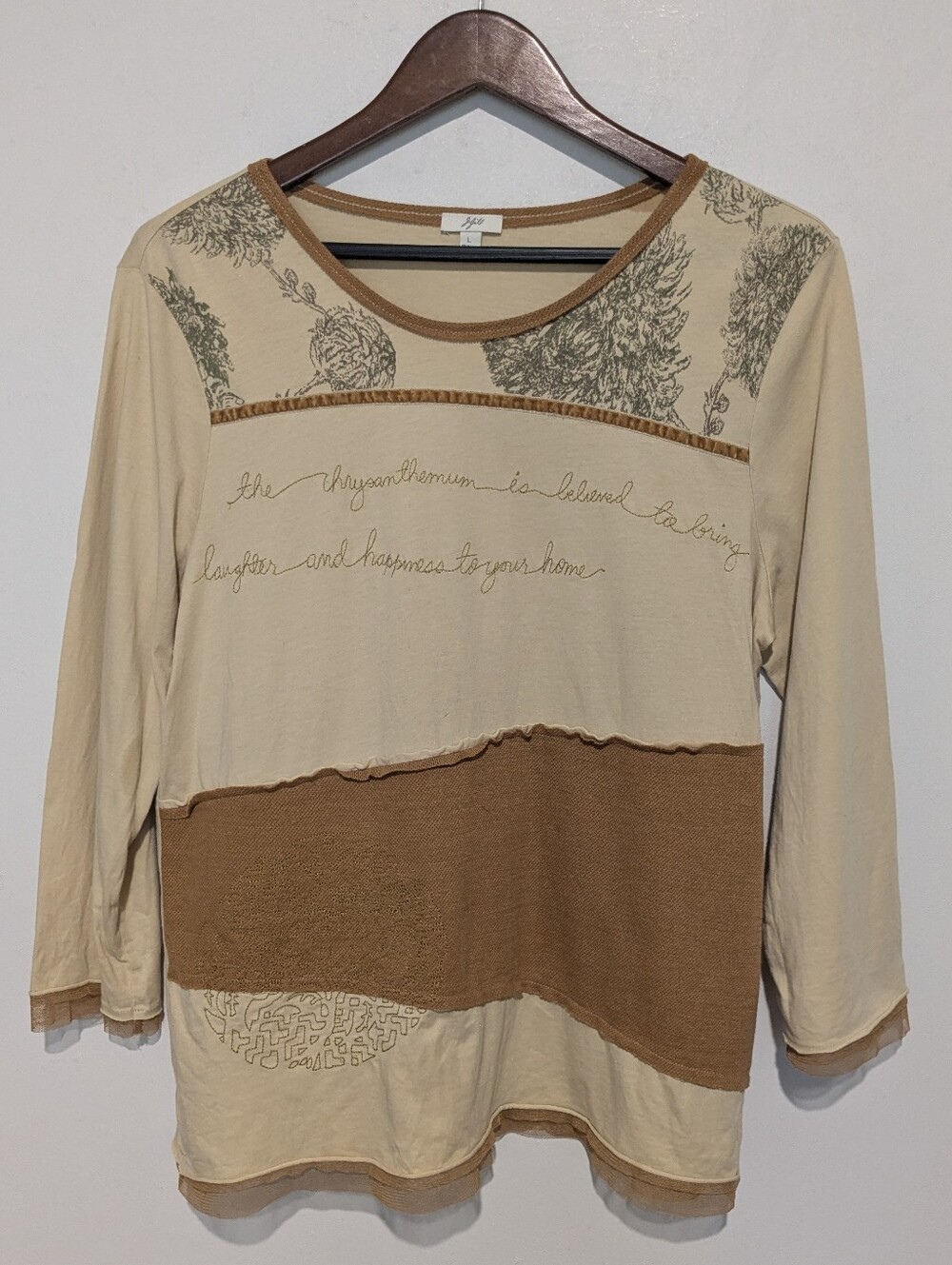 J. Jill Mixed Media L Emb Chrysanthemum Floral Tee Top Yellow Brown